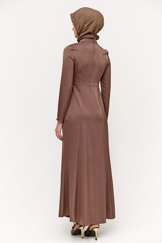 Drapeli Taşlı Saten Elbise - 7