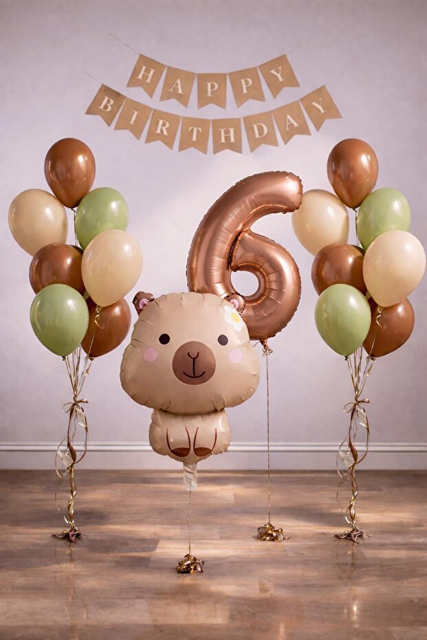 Capybara Themed 6Th Birthday Balloon Decoration Set – Caramel Natural Tone Party Set