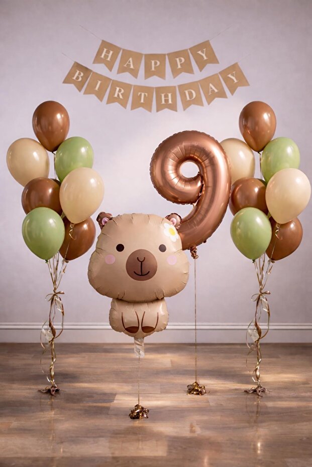 Capybara Themed 9Th Birthday Balloon Decoration Set – Caramel Natural Tone Party Set
