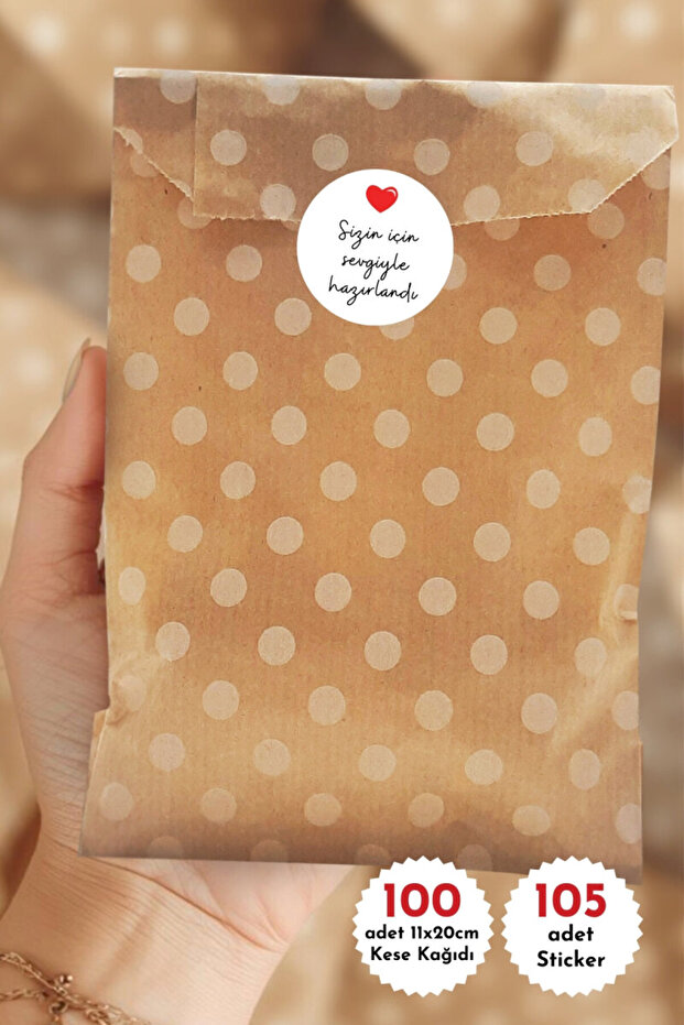Bimotif 100lü Hediye Paketi Seti, Puantiyeli Kese Kağıdı (11x20 cm ) ve 105 adet Sticker
