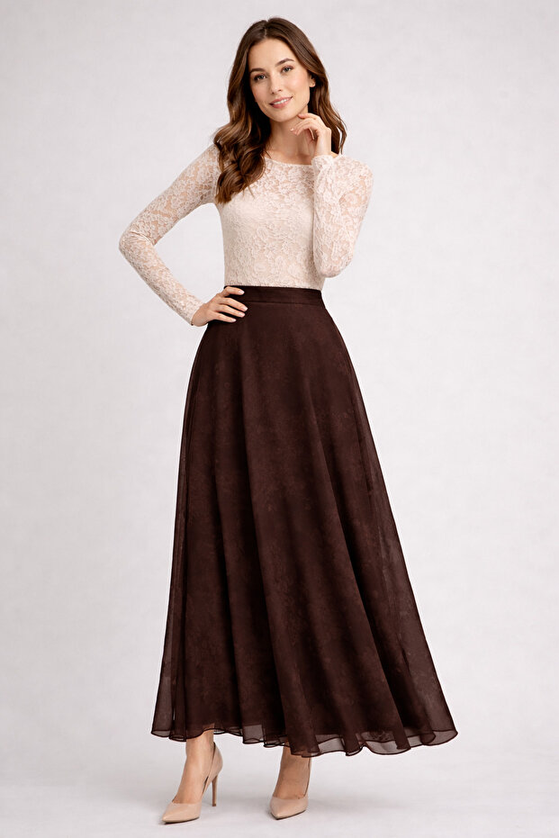 Empirme Patterned Chiffon Skirt O219 Brown