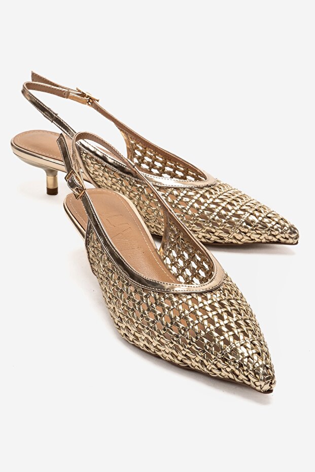 Orelis Gold Knit Patterned Women's Short Heeled Shoes