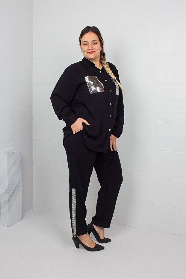 Black Sequin Embroidered D Woven V Viscose Shirt and Pants Set