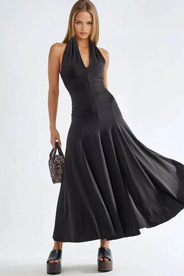 فستان ماكسي ضيق على الجسم بقصة ياقة متدلية من QU STYLE