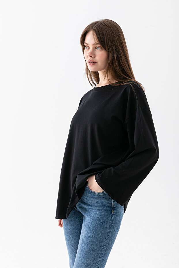 Basıl Women's 100% Cotton Crew Neck Oversize Fit Long Sleeve T-shirt