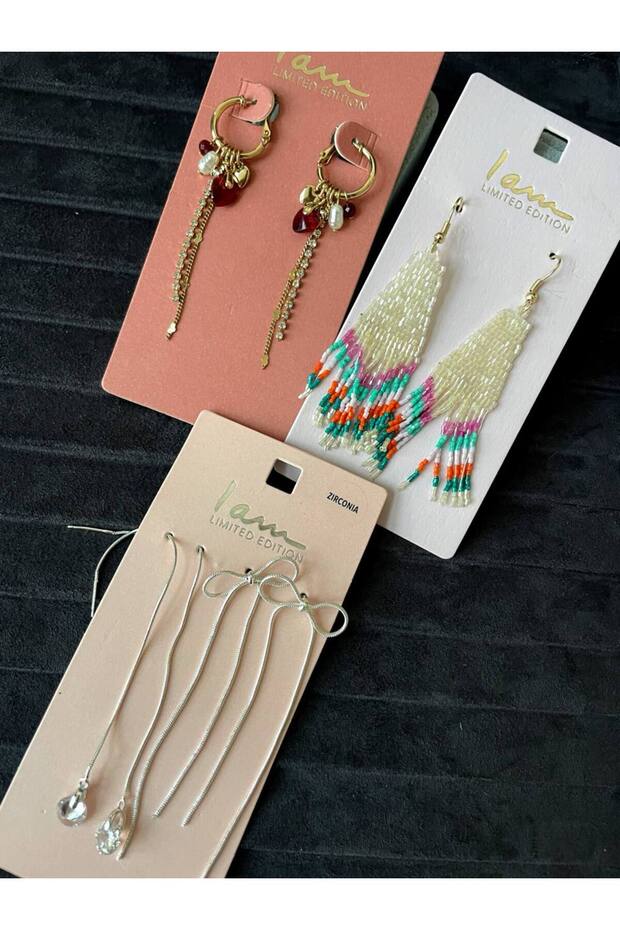 4 Pairs of Long Dangle Earrings with Beaded Stones and a Stone, Women's Earrings, Advantageous Package