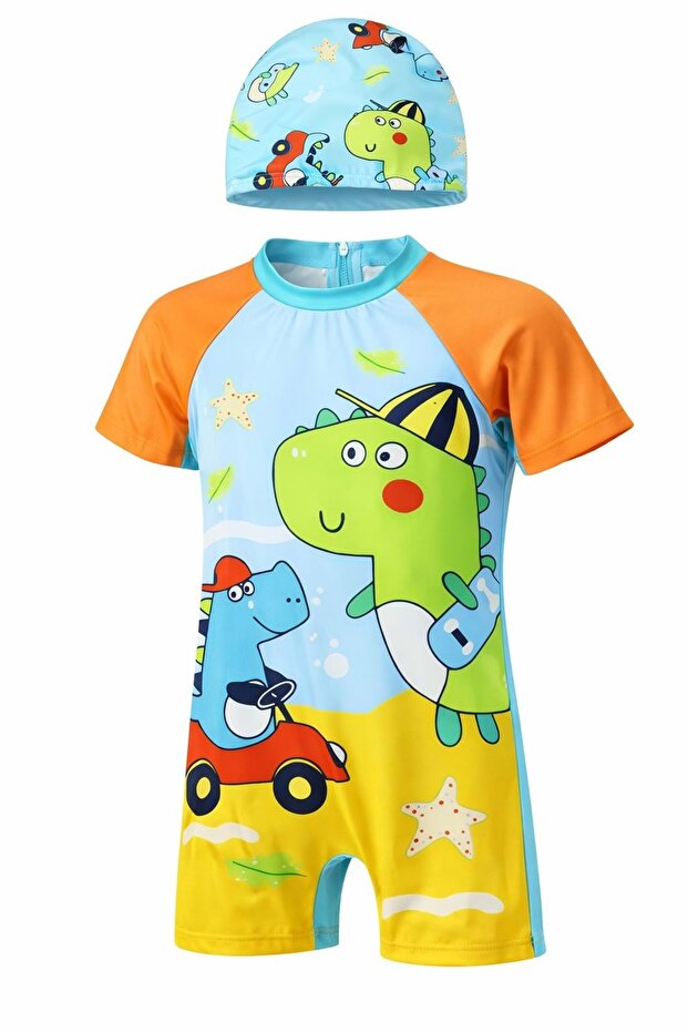 Boy's dino splash swimsuit + bonnet beach set
