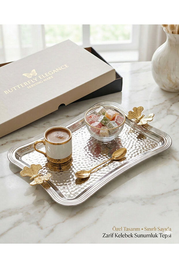 Elegant Forged Patterned Metal Promise and Engagement Tray - with Golden Butterfly Detail