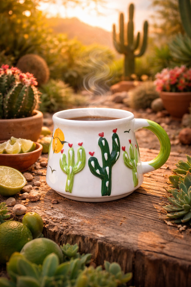 Embossed Cactus Patterned Mug, Cactus Patterned Handcrafted Ceramic Mug 200ml - 1