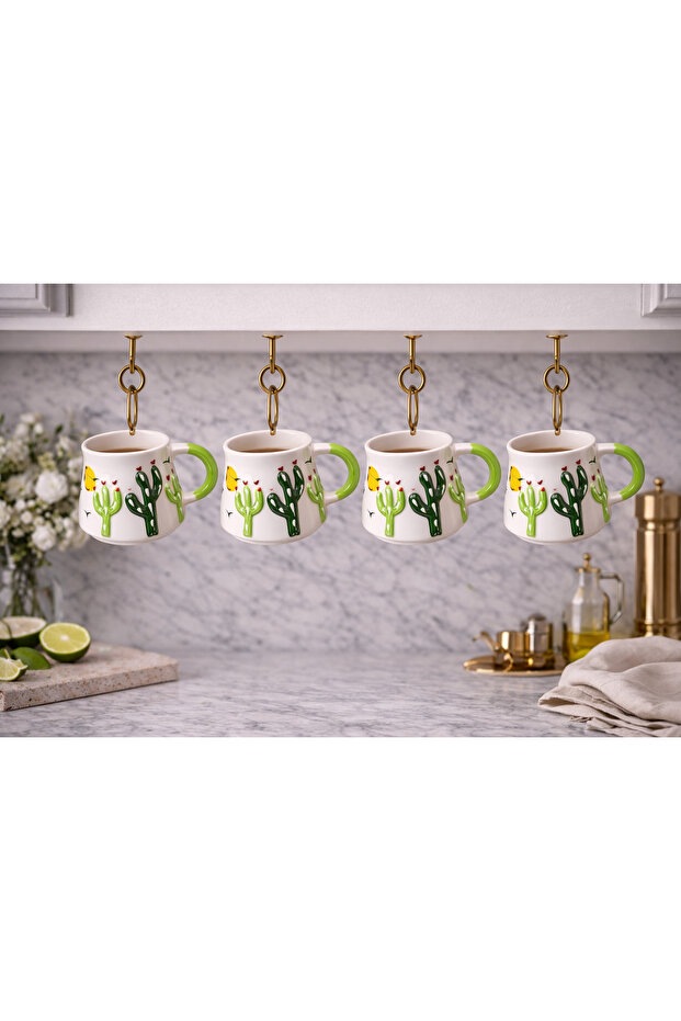 Embossed Cactus Patterned Mug, Cactus Patterned Handcrafted Ceramic Mug 200ml - 3