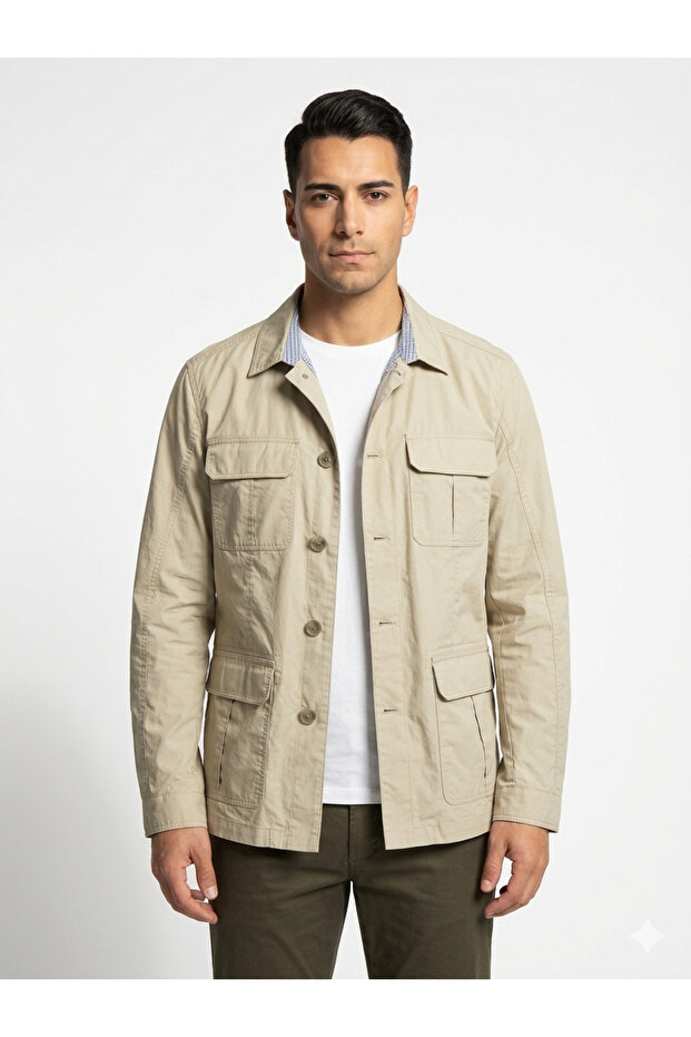 Men's Beige Safari Jacket - Multi-Pocket Seasonal Field Jacket