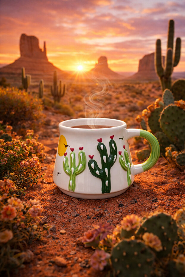 Embossed Cactus Patterned Mug, Cactus Patterned Handcrafted Ceramic Mug 200ml - 4