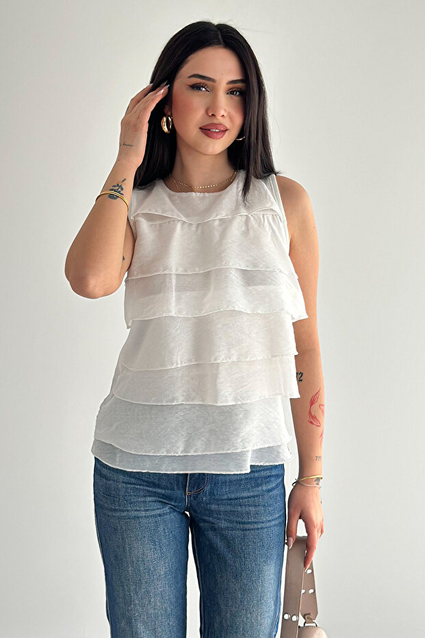 Women's Layered Ruffled Blouse – White Sleeveless Stylish Summer Blouse
