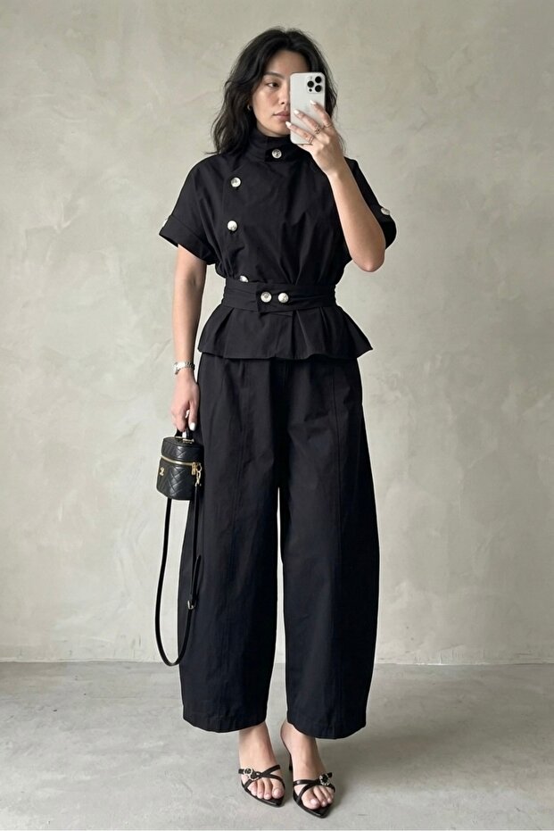 Stand-Up Collar Blouse and Pants Set 51310