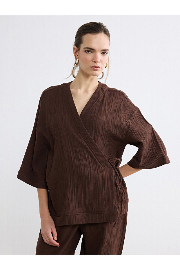 Mg trenden brown shawl collar textured women's kimono