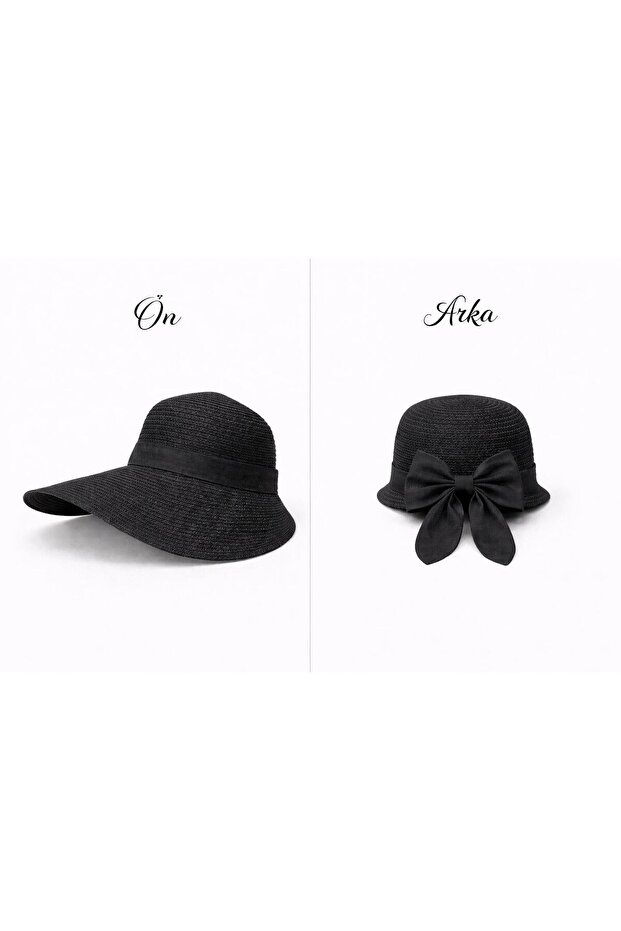 Straw Hat with Wide Front Brim and Short Ribbon Detail on the Back | Thick, Tightly Knitted Summer Women's Hat