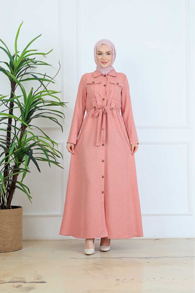 Sofia Linen Belted Buttoned Dress - Safari Style Pocketed Hijab Dress