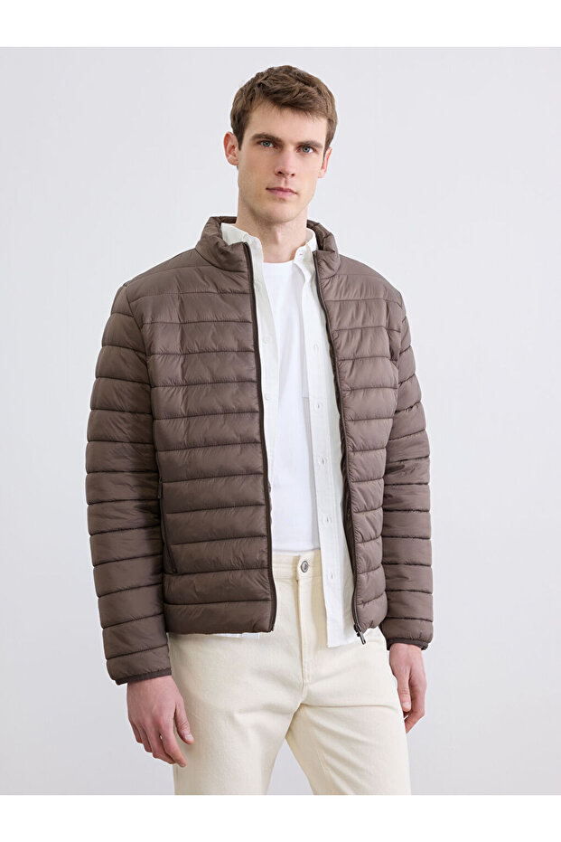 Brown Standard Fit Mock Neck Men's Puffer Jacket