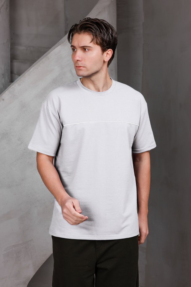 Men's Paneled Stripes Oversized Crew Neck 2 Two Yarn Ko Compact -Shirt