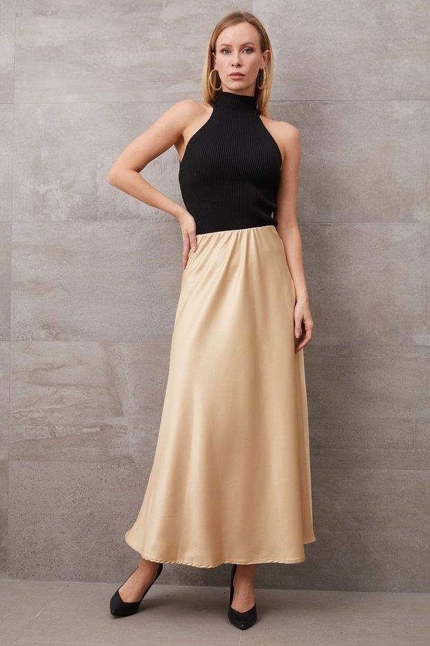 Women's Long Beige Gold Elastic Waist Satin Skirt Hijab Skirt
