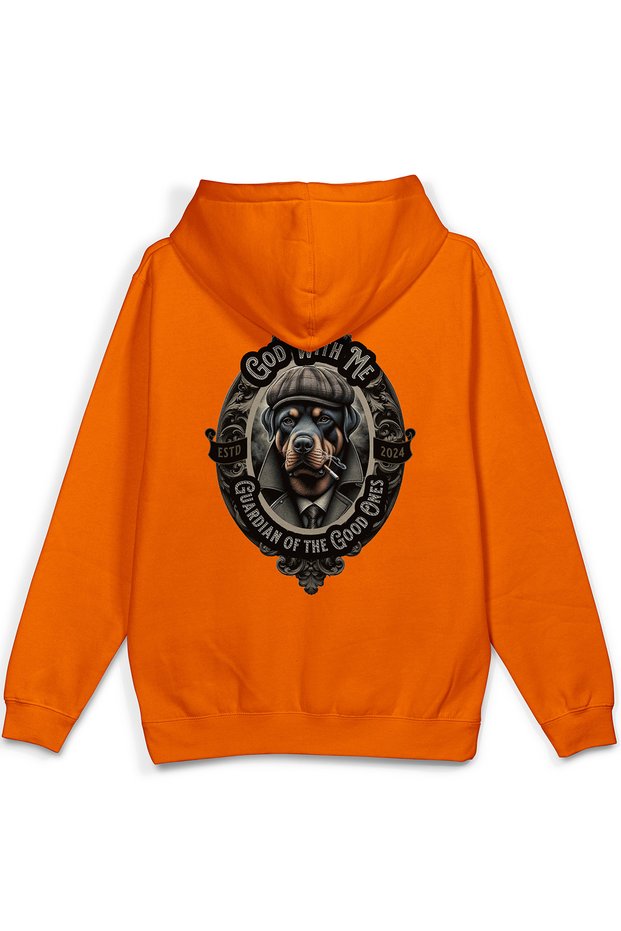 Guardian Dog Rottweiler Dog Back Printed Hooded Half Oversized Sweatshirt Orange Hoodie 1402