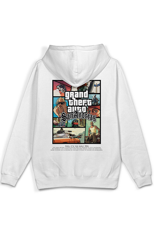 San Andreas Sırt Printed Hooded Yarı Oversized Sweatshirt White Hoodie 1364