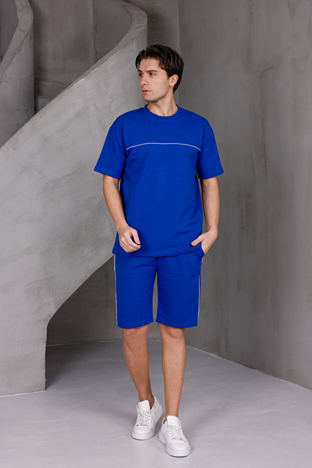 Men's Paneled Stripe Oversized Bottom-Top 2 Two Yarn Ko Compact Ort Set