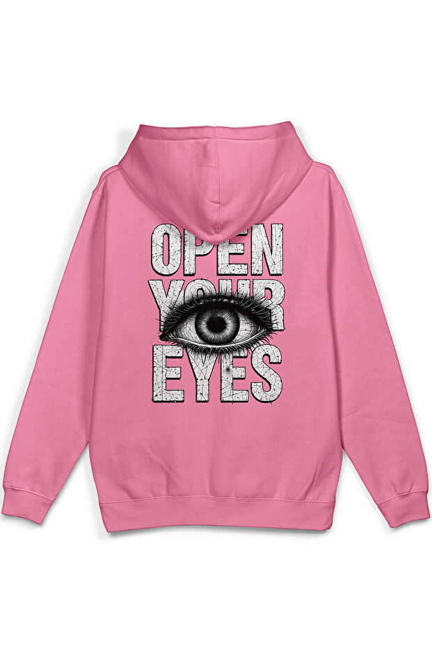 Open Your Eyes Eye Back Printed Hooded Half Oversized Sweatshirt Pink Hoodie 1394