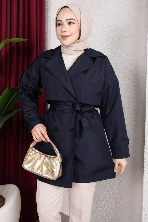 Trench Coat Belt in 1 with Epaulet Detail Unlined Trench Coat Hijab Trench Coat (85cm) - Navy Blue