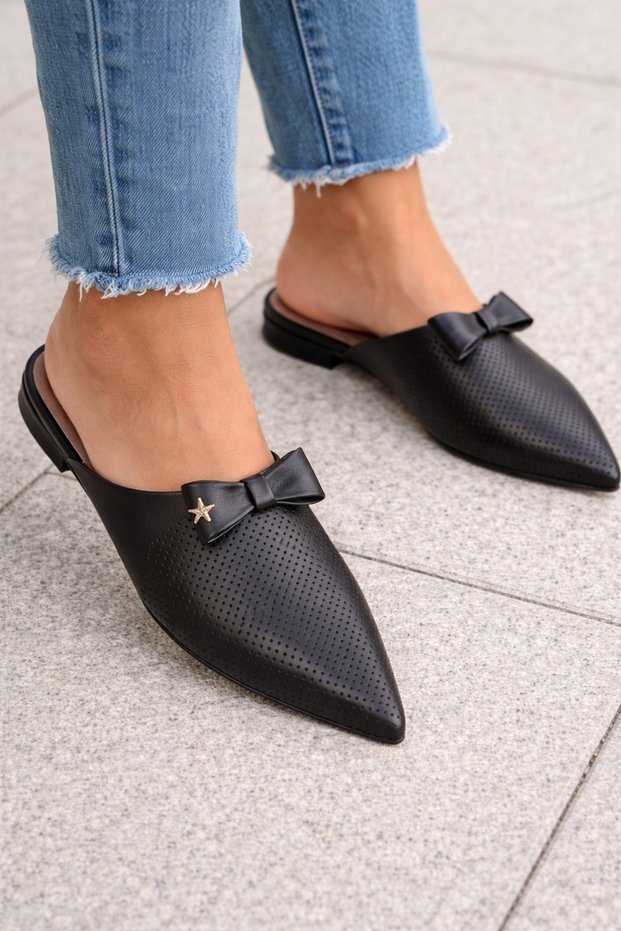 Women's Stylish Pointed Toe Bowknot Loafers Slipper Genuine Black Leather