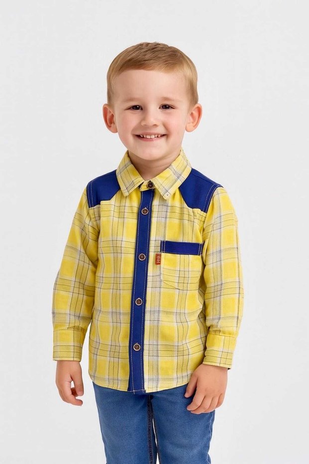 Boys’ Checkered Multi-Color Long Sleeve Shirt Plaid Contrast Shoulders | Sizes 2-12Years | MH