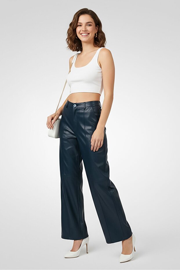 Women Regular Fit High Rise Solid Straight Leg Pants, Teal Green