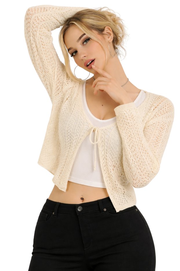 Beige Lace-Like Knit Tie-Detail Cotton Women's Cropped Cardigan