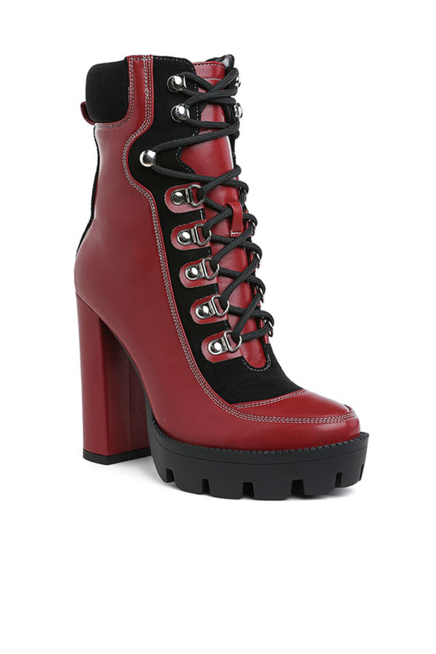 Women High Heel Lace-Up Biker Boot in Burgundy black