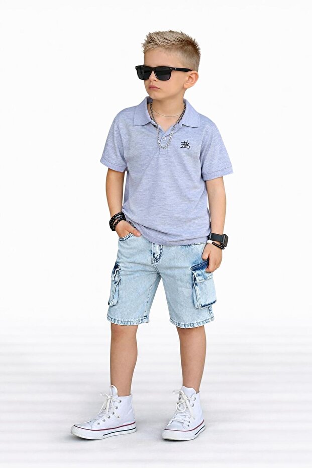 Boy's Polo Collar T-Shirt and Shorts Set-23021 Gray