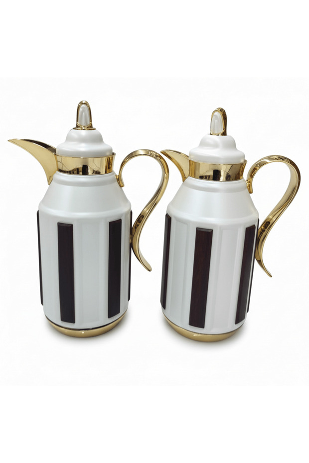 Premium 2-Piece Vacuum Flask Set 1+1 L White & Gold with Brown Accent Model 1