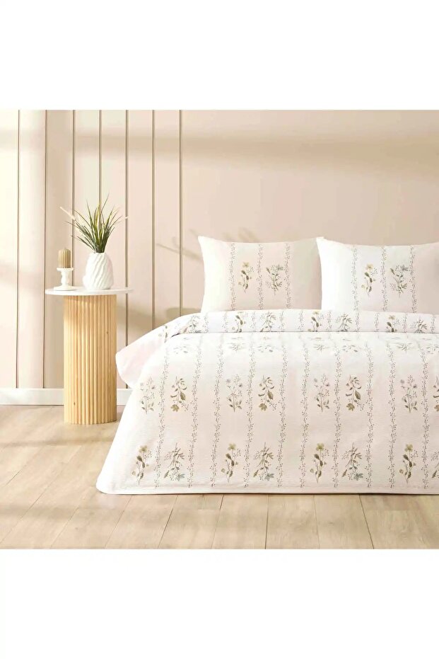 Soria Green King Size Cotton Printed Pique Bedspread Set 180X200 Bed Sheet Pieces