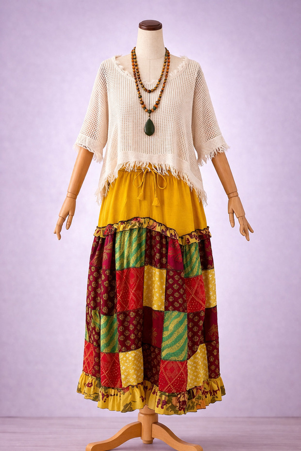 Unisex Nepal Patchwork Patterned Bohemian Long Skirt – 100% Cotton Cotton, Elastic Waist, Comfortable Loose Model, Ethnic