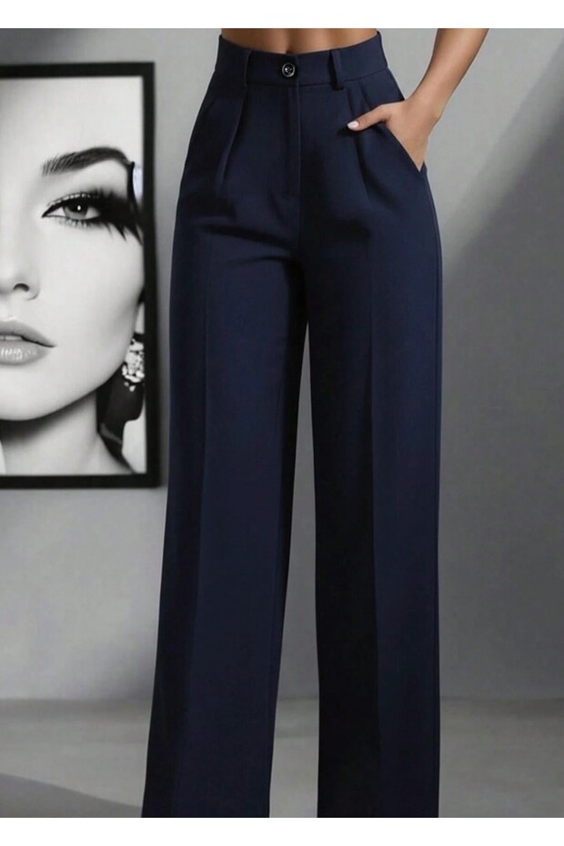 Women's Navy Blue High Waist Pleated Loose Cut Trousers