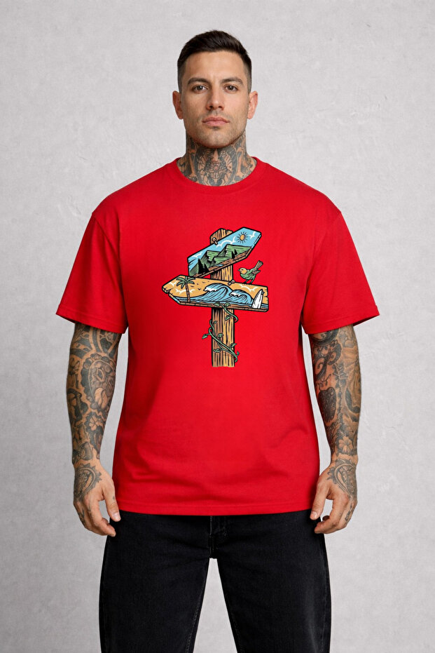 Men's Oversized T-Shirt Direction Sign Printed 100% Cotton T-Shirt Comfortable Fit