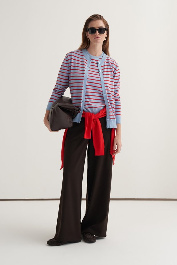 Women's Viscose Knitwear T-Shirt Cardigan Set Red Striped