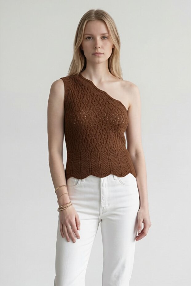Women's Brown One-Shoulder Knitwear Blouse