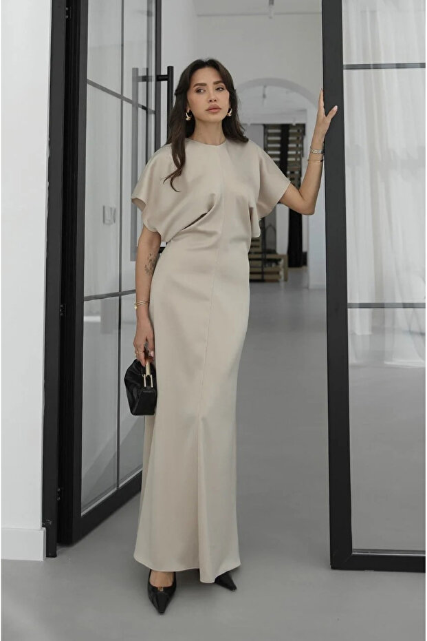 Beige Waist-Fitted Long Satin Dress - 2488