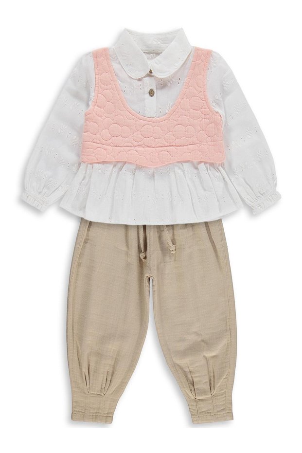 Girl's Sweater, Shirt, Pants with Elastic Cuffs, 2-5 Years Old Set - Powder