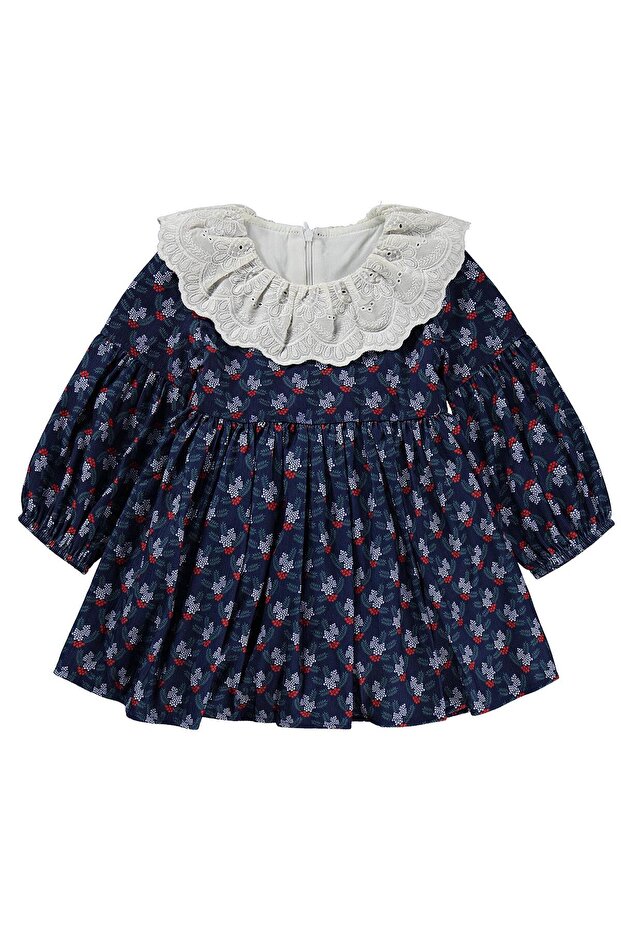 Lace Dress with Elastic Collar and Sleeves for 2-5 Years - Navy Blue 4-5 Years