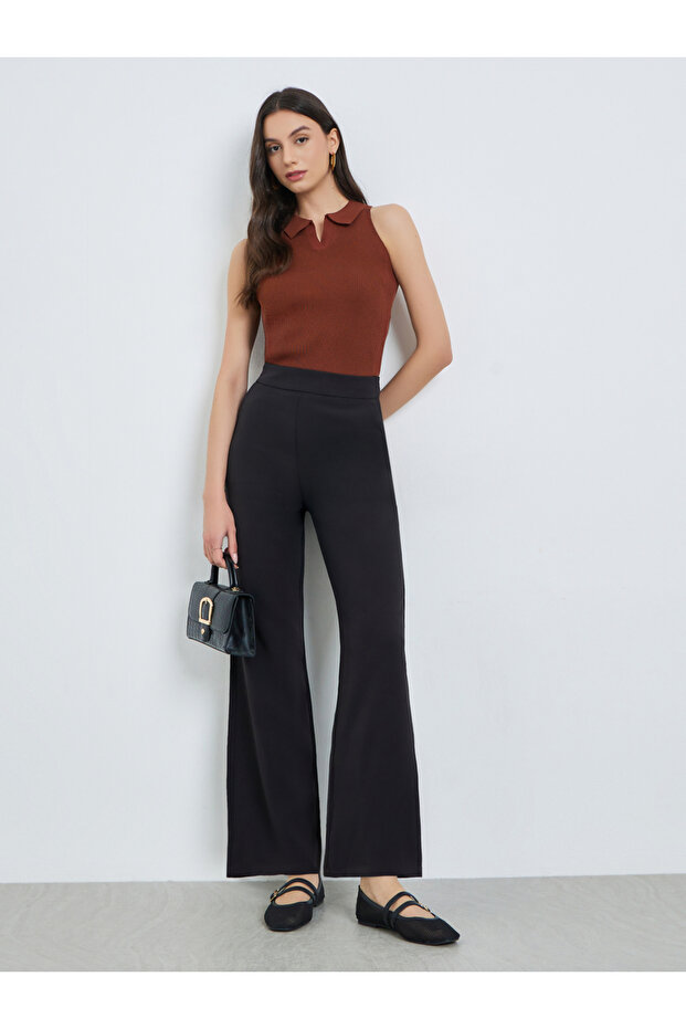 Black Solid High Rise Flared Pants - 1