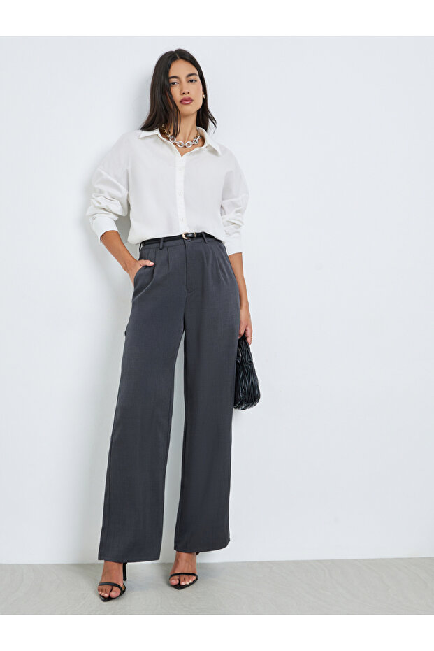 Grey Wide Leg Pleated Pants
