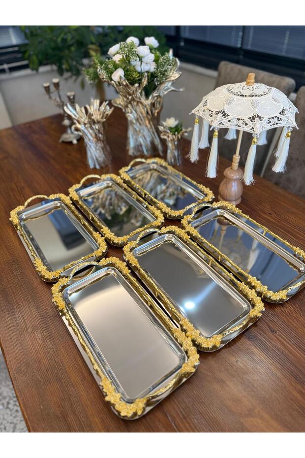 6 Pieces Baton Japanese Rose Silver Presentation Tray & Coffee & Cake/Pastry Serving Tray 32cm