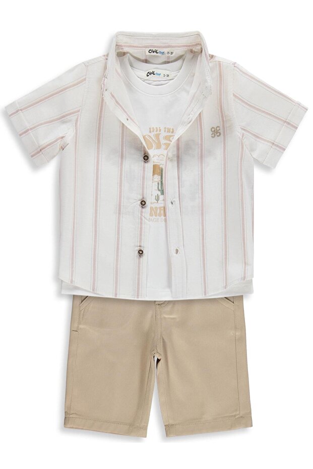Boy's 3-Piece Set with Shorts for 2-5 Years - Brown 5-6 Years