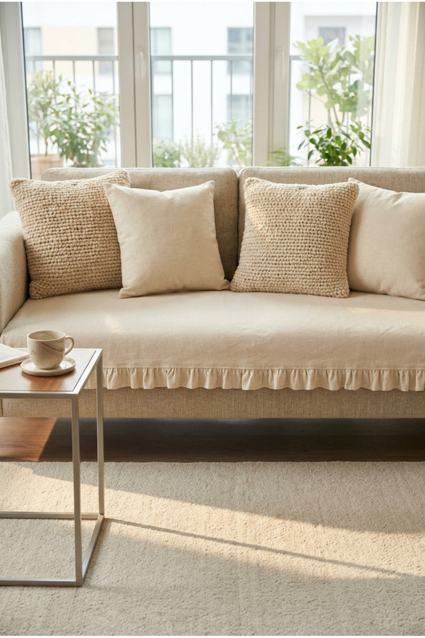 Linen Cotton Sofa Cover Frilly Cream 90X200 cm Stylish and Natural Look